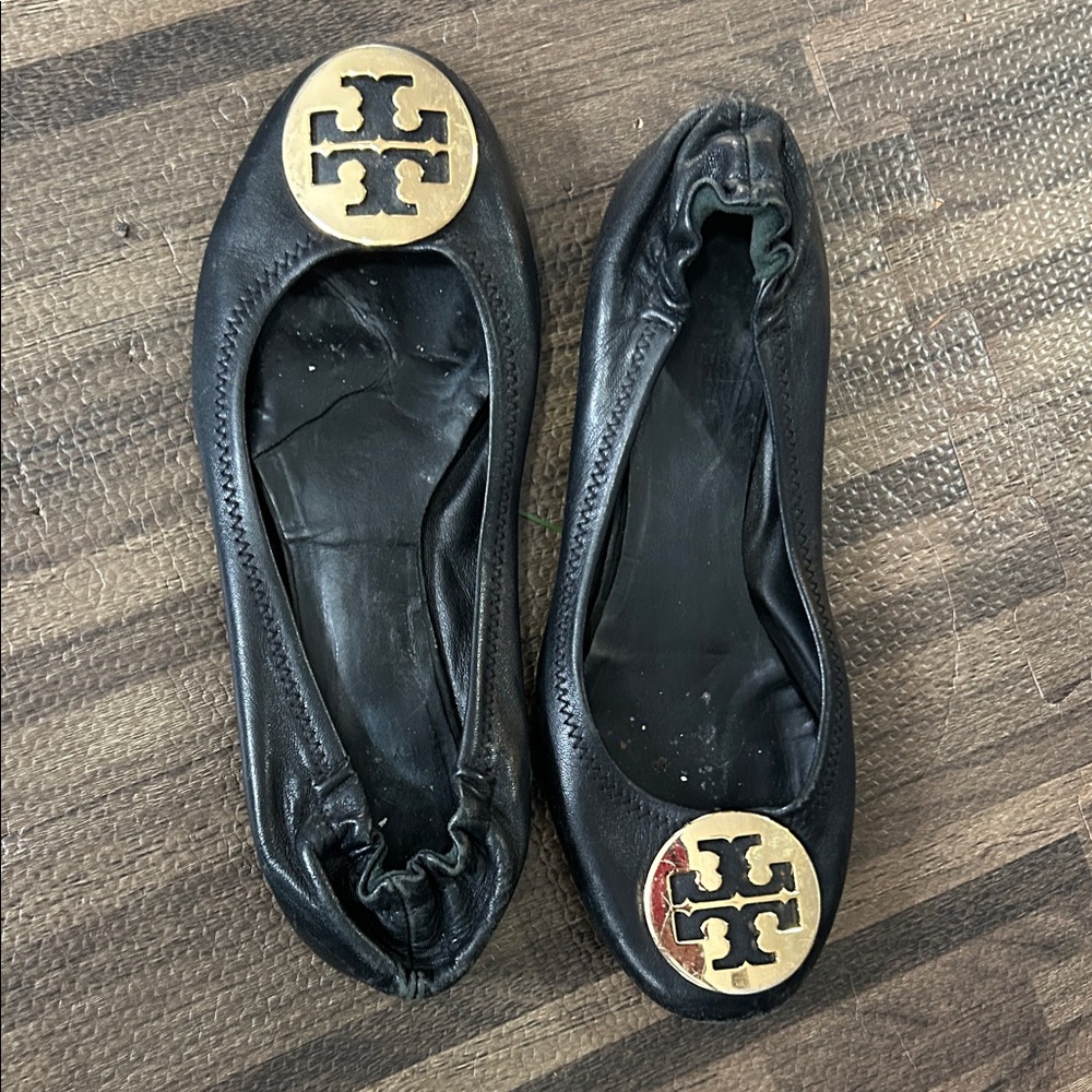 Tory Burch Leather Black Flats with Gold Emblem